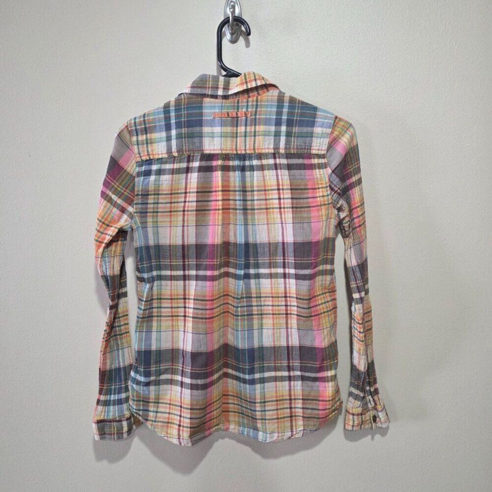 Gap Plaid Popover Shirt S Multicolor 100% Cotton Half Button Top Cinched Sleeve - Picture 3 of 9